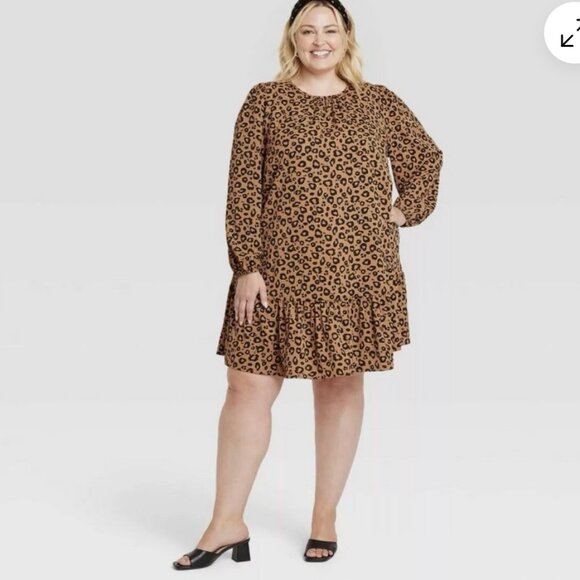 Ava & Viv Brown Animal Print Long Sleeve Tiered Shift Dress - Picture 1 of 16